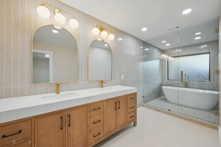 Dallas TX primary bathroom remodel with double vanity, tub and shower