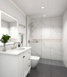 Bright ADU bathroom with quartz vanity top and large-format tiled shower