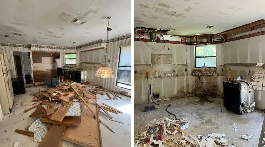 Side-by-side photos of a DFW kitchen during demolition and wall prep, showing protected site and debris removal.