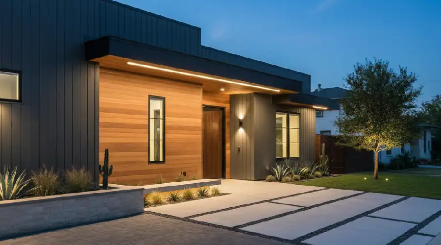 Modern Dallas façade at dusk with wood and metal siding, linear entry lighting, and paved walkway boosting curb appeal.
