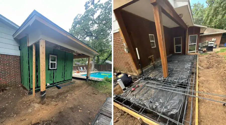 ADU construction in Denton, TX, showing wall framing with sheathing and a reinforced slab foundation as a home addition.