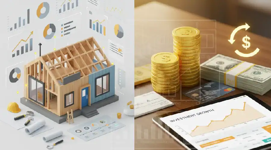 ADU costs and financing in Dallas–Fort Worth shown with a model home, budget charts, coins, and a tablet cost summary