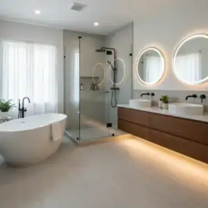 Spa bathroom remodeling in DFW with glass shower, freestanding tub, double vanity, and modern lighting