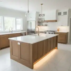 DFW kitchen remodel with quartz island, wood cabinets, pendant lighting, and upgraded appliances