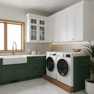 DFW laundry room remodel with green cabinets, farmhouse sink, quartz counters, under-cabinet lighting, washer and dryer