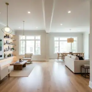 pen-concept living and dining after full-home renovation in DFW with wide-plank flooring, built-in shelves, and updated lighting