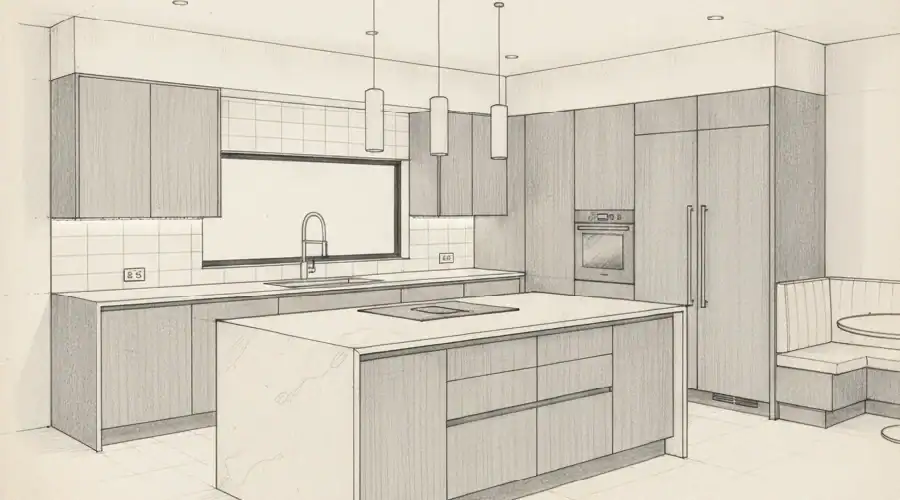 Design sketch of a modern dream kitchen with handless cabinets, a waterfall island, wall oven, and banquette seating.