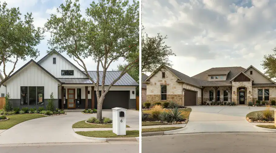 Two Dallas–Fort Worth homes; left shows vertical board-and-batten fiber cement with dark trim, right features a stone façade and metal roof.