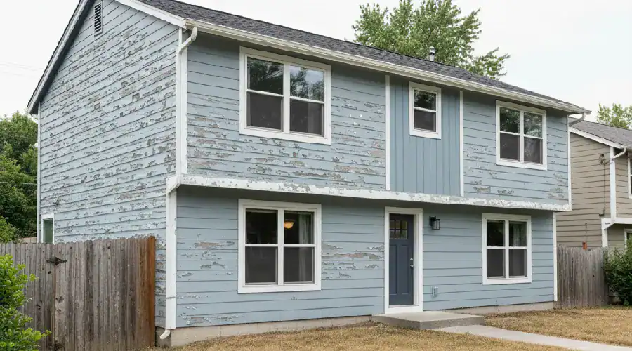 DFW two-story home before replacement, peeling wood lap siding and weathered trim along the front façade.