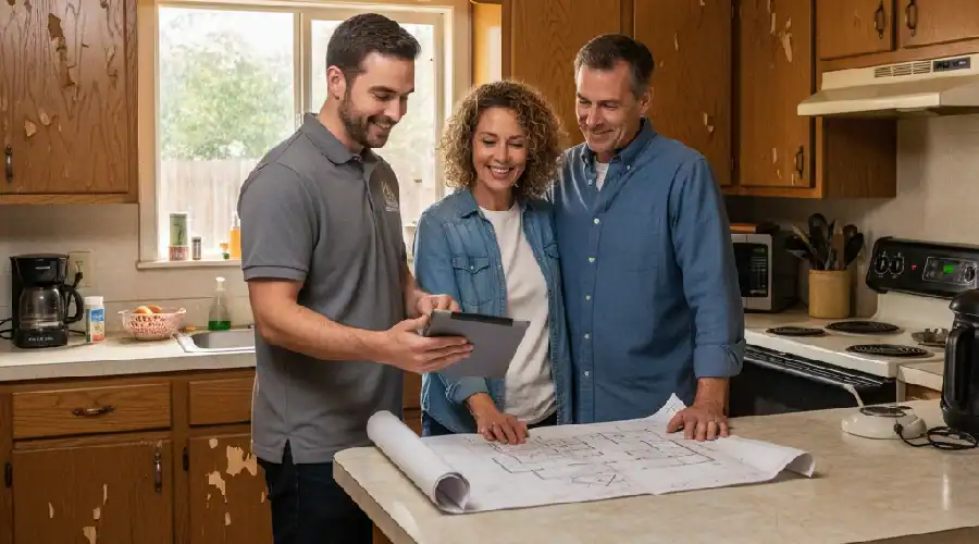Home Build and Designs consultant reviewing plans with homeowners during a free kitchen estimate in DFW