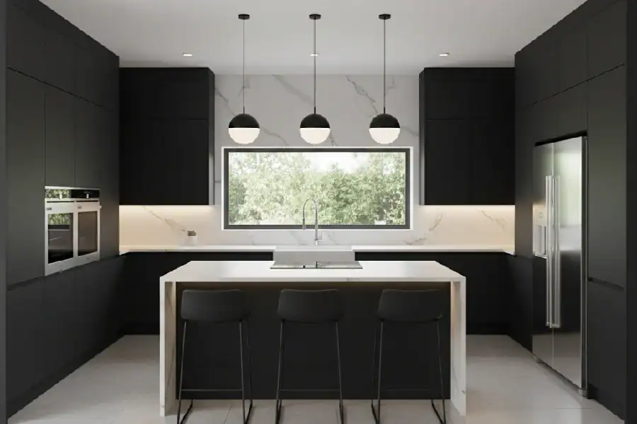 Modern DFW kitchen with matte black cabinets, a waterfall island, and a centered window supporting an efficient work triangle.