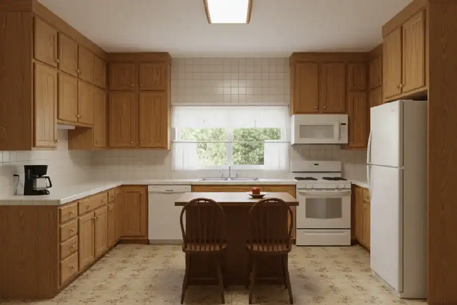 Traditional DFW kitchen with oak cabinets, laminate counters, and white appliances before the redesign