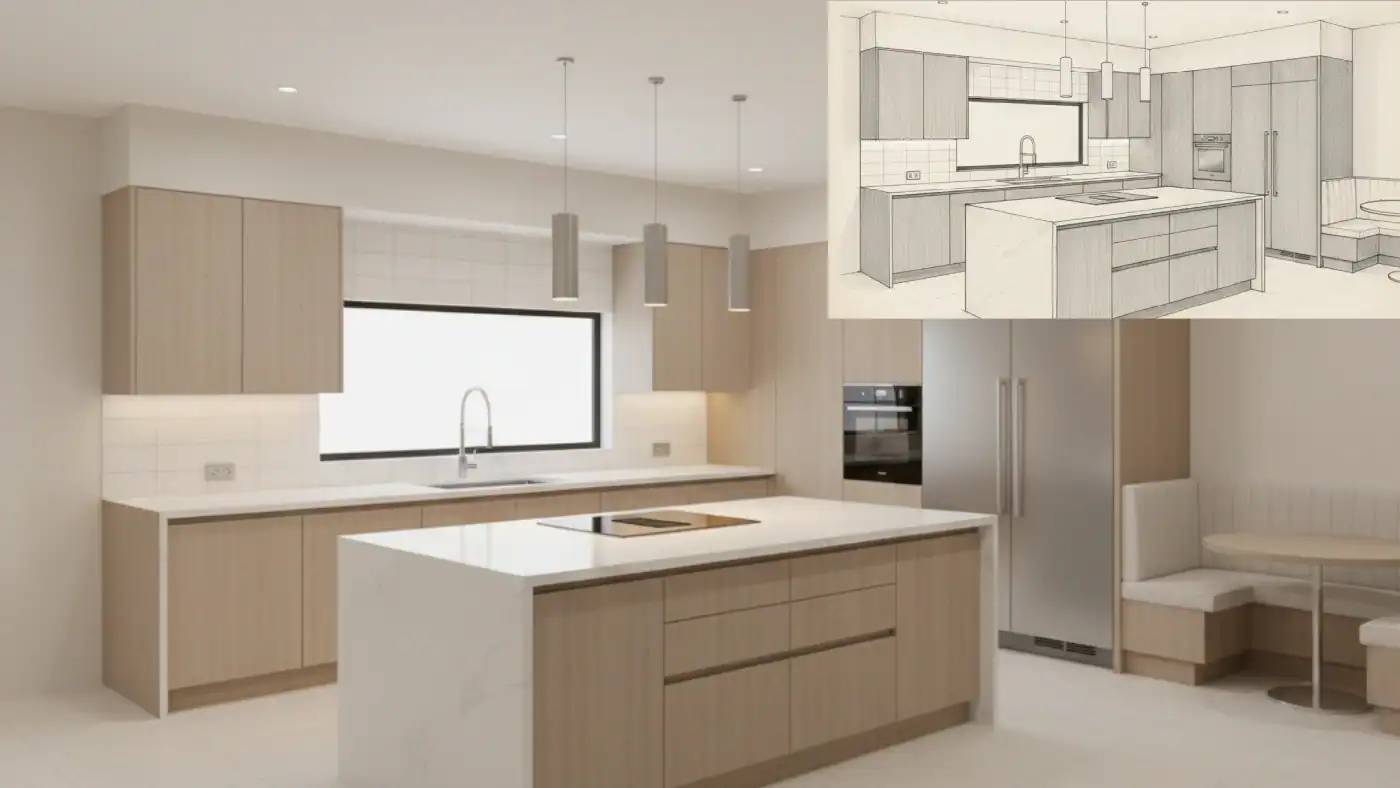 From a sketch on the top left corner to completion of a kitchen remodeling in DFW