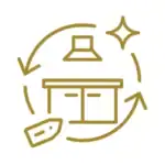 Gold line kitchen icon with circular arrows and star for lasting transformation.