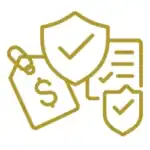 Gold line icon with price tag, shield, and checklist for transparent pricing.