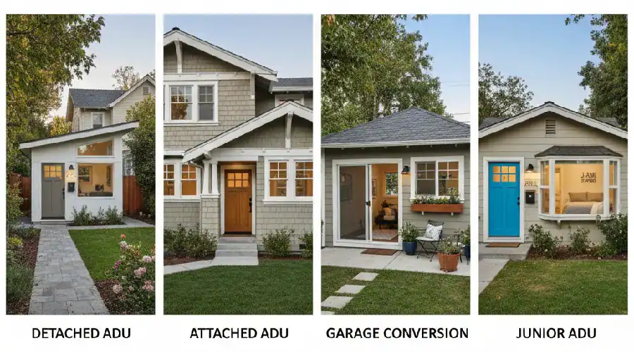 Four ADU types—detached, attached, garage conversion, and junior ADU—shown as finished exteriors in Dallas–Fort Worth