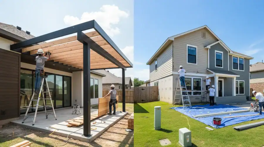 DFW crews building a patio cover in The Colony, TX and installing new siding in Euless, TX
