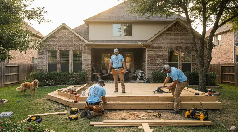 Professional deck contractors building a new backyard deck at a Fort Worth home with tools and framing in progress.