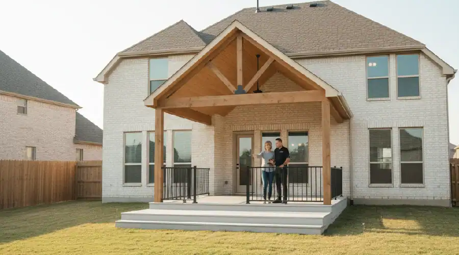 Homeowners standing on their finished covered deck with railings as the contractor completes a final walkthrough of the project.