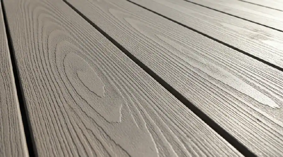 Close-up of gray composite decking boards with wood grain texture in a backyard, showing a low-maintenance deck surface option.