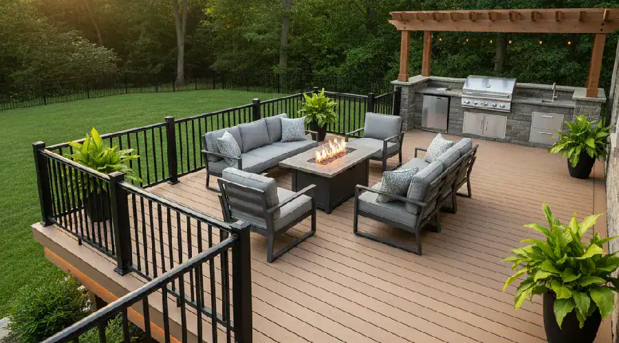 Custom backyard deck with outdoor kitchen, fire pit, and modern seating overlooking a large lawn and trees, showing beautiful deck design completed by Home Build and Designs at a home in North Richland Hills.