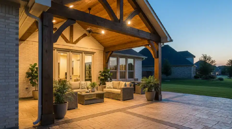 Custom wood patio cover with recessed lighting and stamped concrete patio at a North Richland Hills, TX home, creating a warm, upscale outdoor living area.