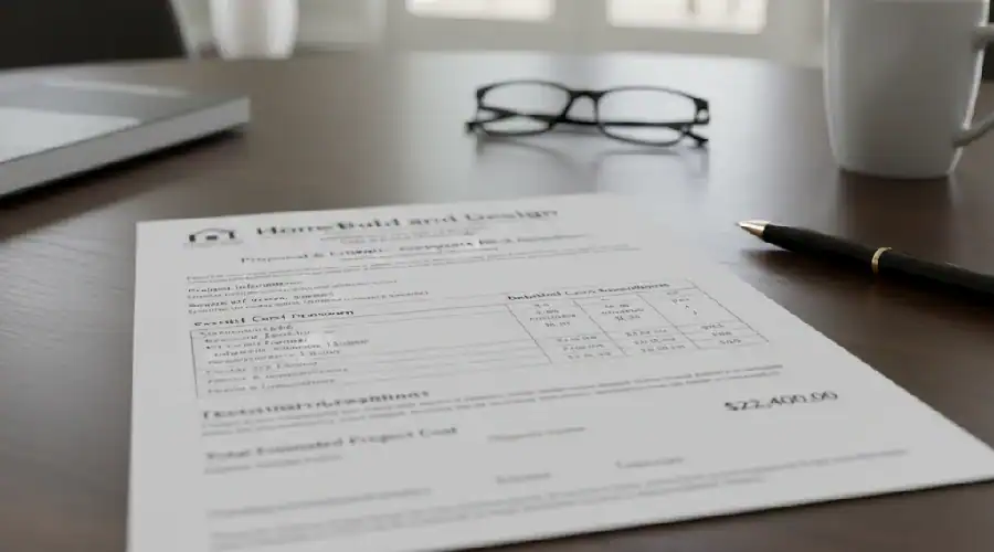 Close-up of a written project proposal from a local deck company in Dallas on a table with glasses, laptop, and coffee mug in a bright home office.