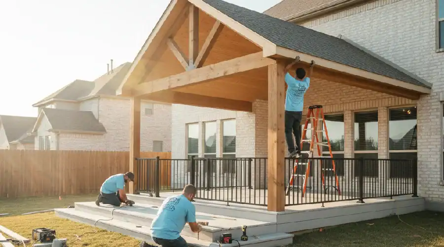 Professional crew installing a deck and patio cover on a new home, showing framing, railings, and construction in progress.