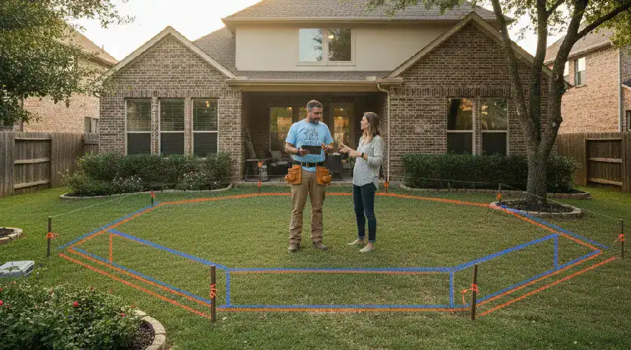 Deck contractor and homeowner discussing a new backyard deck layout during a consultation, with the project area marked out on the lawn.