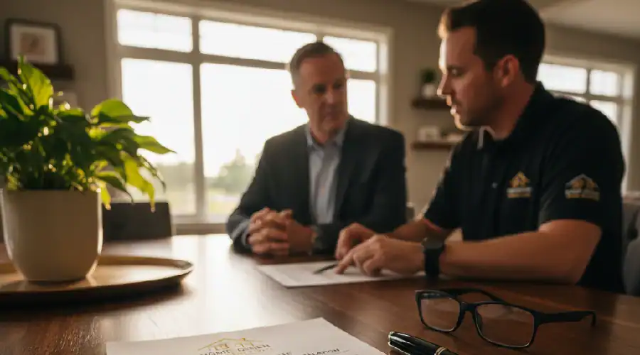 Deck contractor reviewing plans and estimate with homeowner during the initial quote and contract meeting for a new deck in DFW.