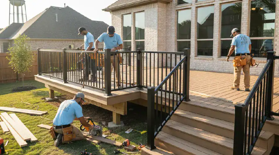 Professional deck contractors installing a new elevated backyard deck with stairs and black railings at a new home in The Colony, TX