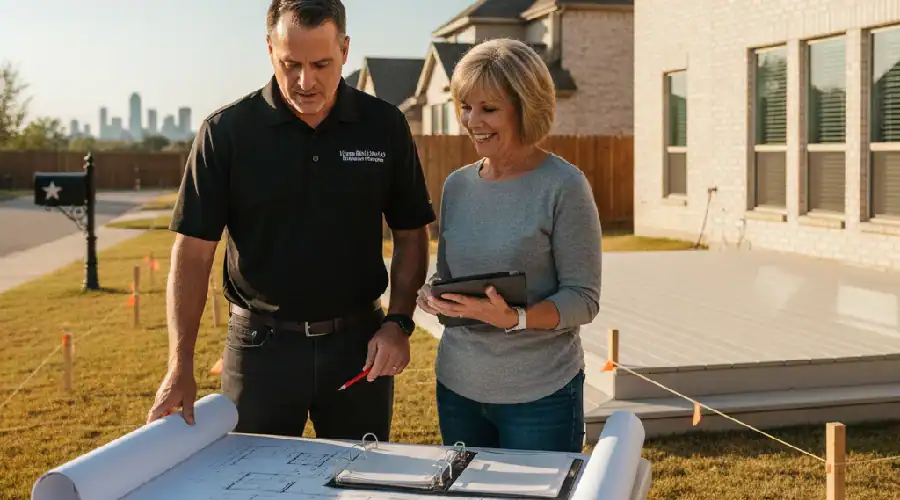Contractor and homeowner reviewing deck plans and paperwork outside the house while discussing permits and project planning.