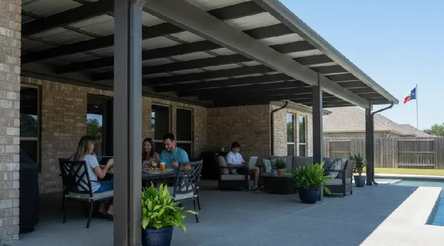 Family relaxing and dining under a modern patio cover beside a pool at a Fort Worth Texas home, enjoying a cool, comfortable outdoor living space protected from the elements.