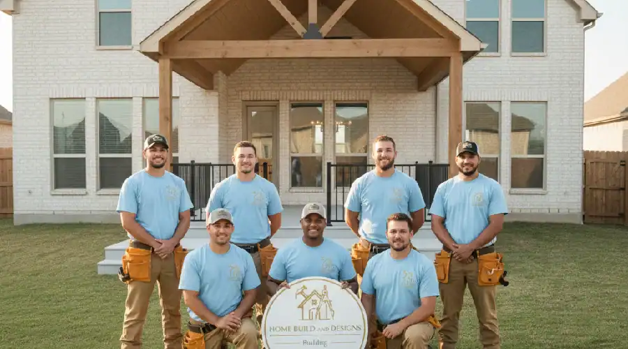 Team of professional deck builders from Home Build and Designs standing in front of a finished covered deck at a DFW home.