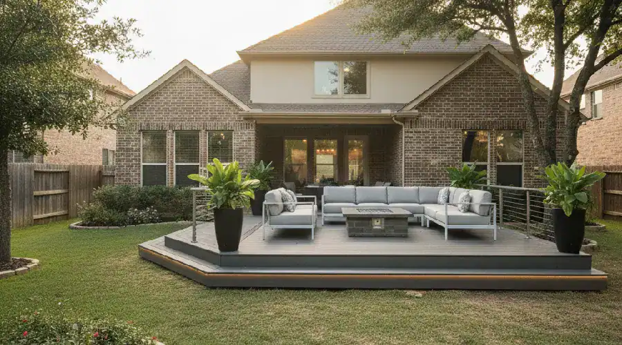 Finished backyard deck at a Fort Worth home with modern seating and railings built by professional deck contractors.