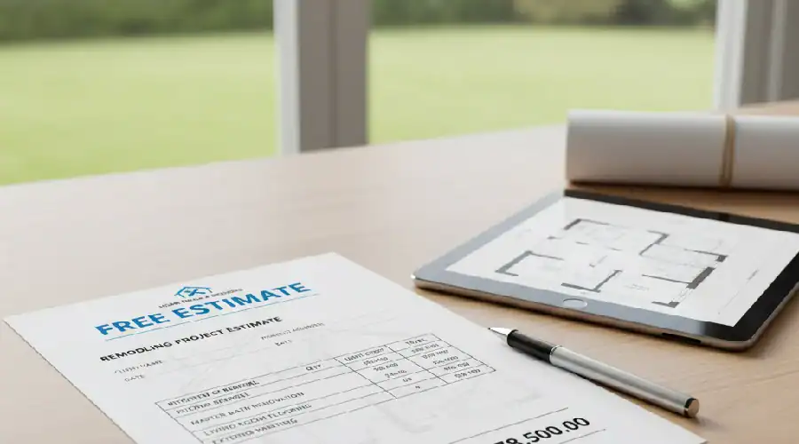 Free remodeling estimate and floor plan on a desk—general contractor in North Dallas, TX.