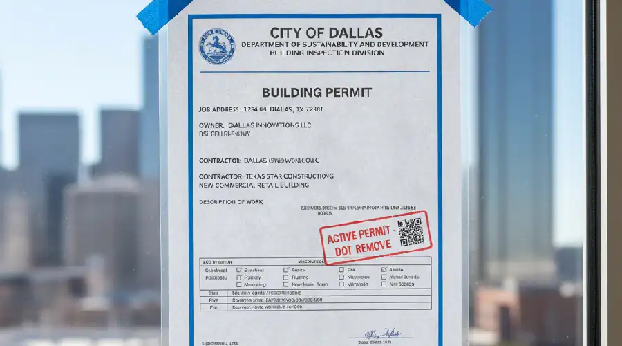 Active City of Dallas building permit posted for a commercial construction project by Home Build and Designs.