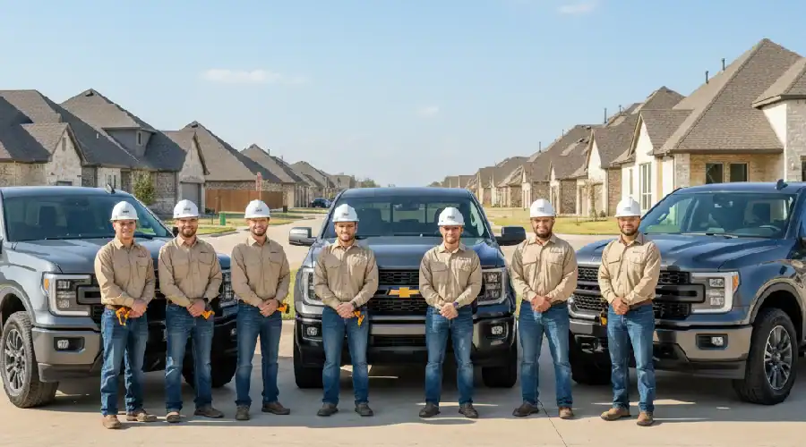 Home Build and Designs patio cover team standing in front of company trucks in a North Texas neighborhood, showcasing the trusted local crew homeowners choose for custom patio cover installation.