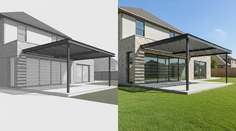 Side-by-side view of a DFW patio cover project showing the contractor’s design rendering and the completed modern metal cover, illustrating the consultation, custom design, and professional installation process.
