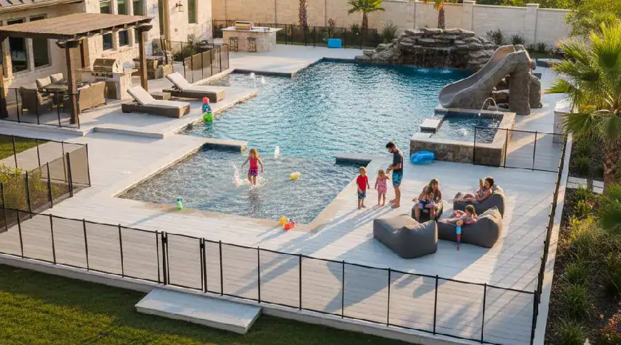 Family enjoying a custom pool deck with lounge areas and play spaces in a large backyard at a house in Colleyville, TX, showing personalized deck design for everyday use built by Home Build and Designs.