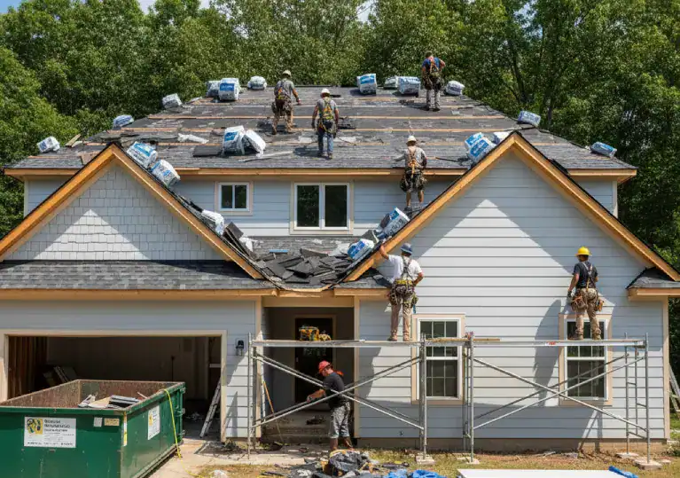 Home Build and Designs roofers replacing a damaged roof and construction workers installing new siding at a home in North Dallas, TX.
