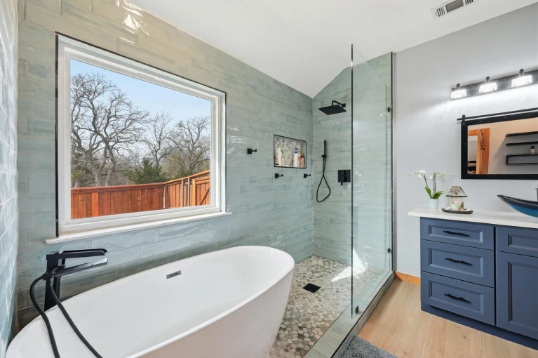 Lake Dallas TX primary bathroom remodel with tub, shower and vanity
