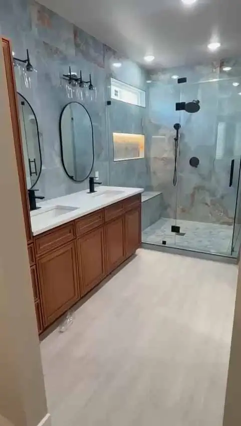 Wide Finished Bathroom With Wood Vanity And Glass Walk In 032